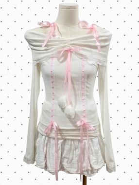 Unbranded Coquette ribbed off the shoulder long sleeve lace top with pink ribbon